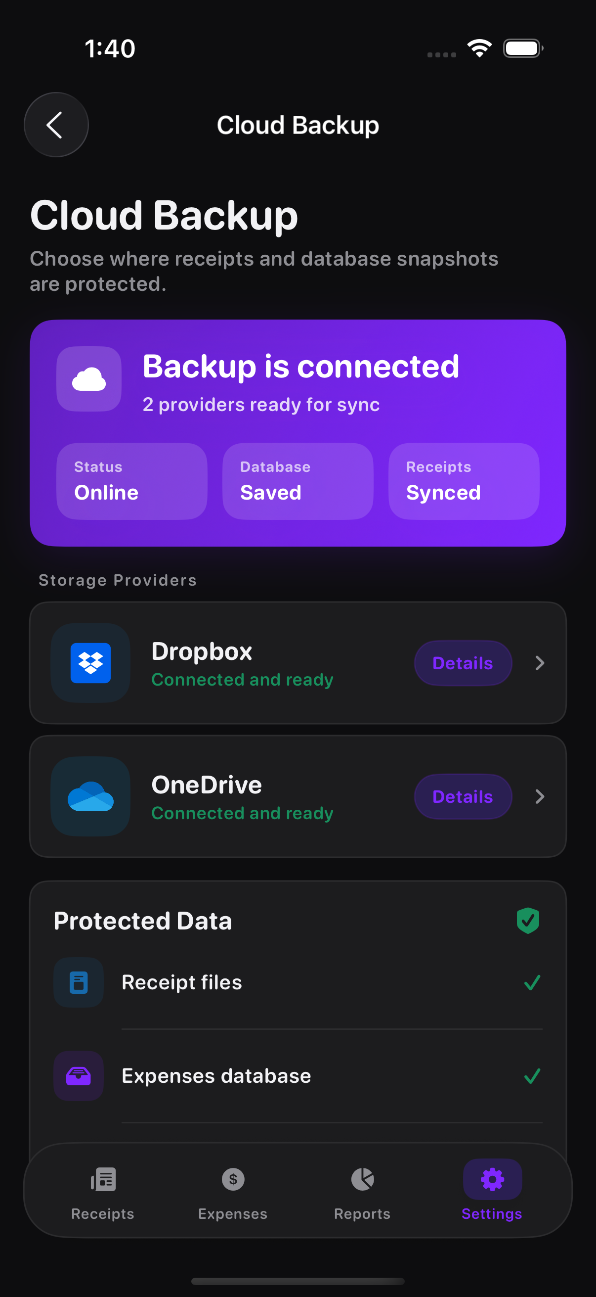 Smart Receipts cloud backup screen in dark interface showing Dropbox and OneDrive status labels