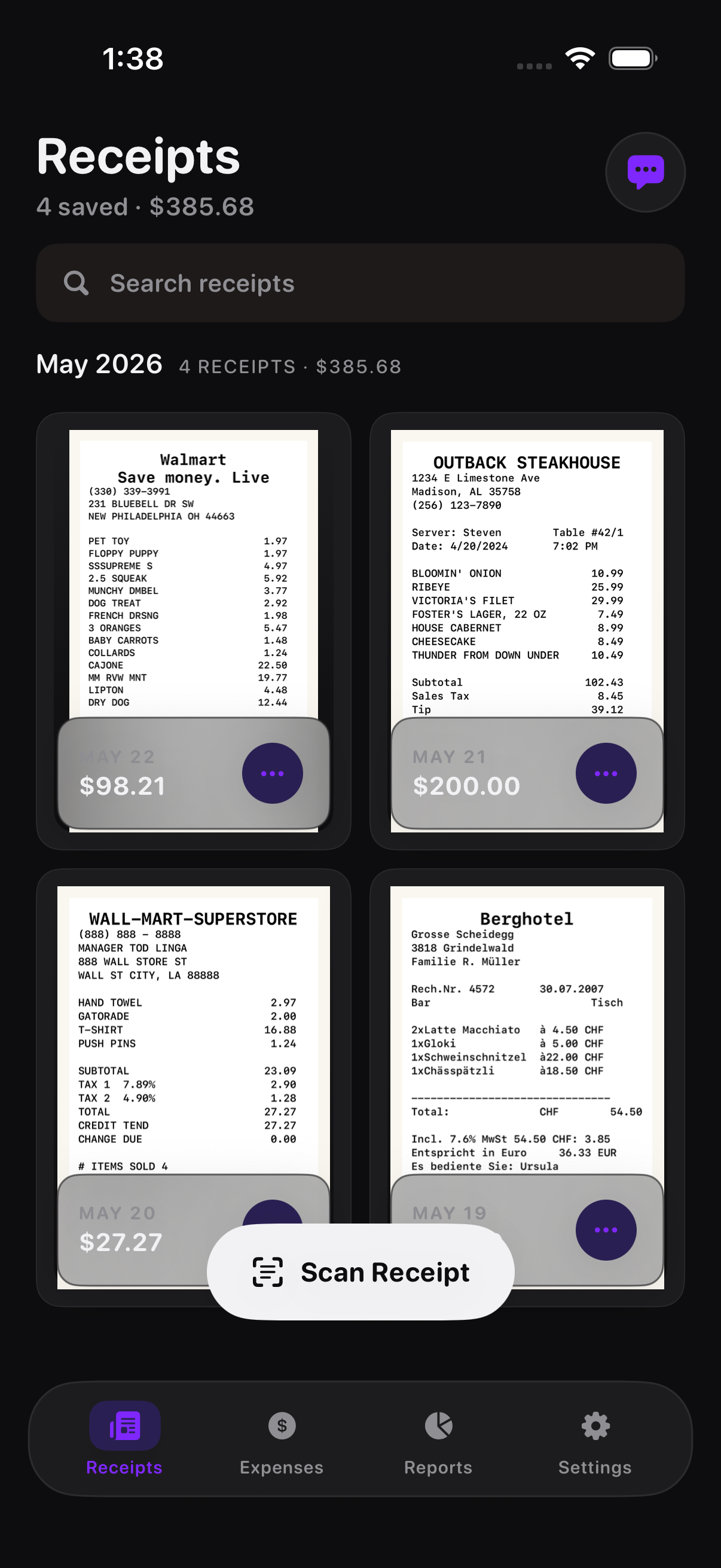 Smart Receipts receipts screen in dark interface with readable labels, totals, search, and scan receipt action
