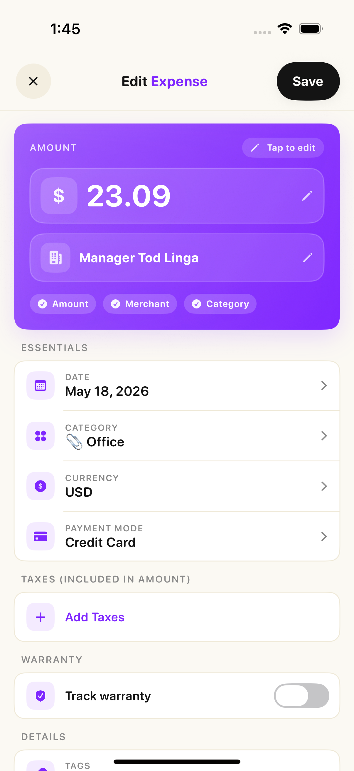 Smart Receipts edit expense screen with larger accessibility text for amount, merchant, date, category, currency, and payment mode