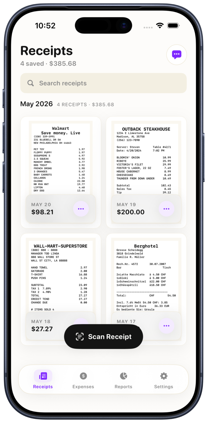 Smart Receipts refreshed receipts list in an iPhone 17 Pro mockup