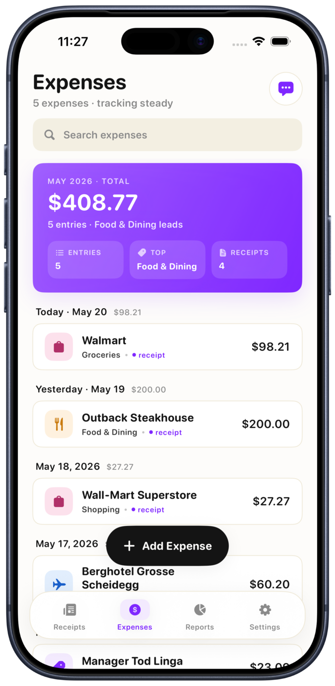 Smart Receipts expense list with mock receipt data in an iPhone 17 Pro mockup