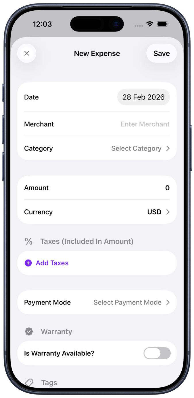 Add expense form with tags, payment mode, and notes