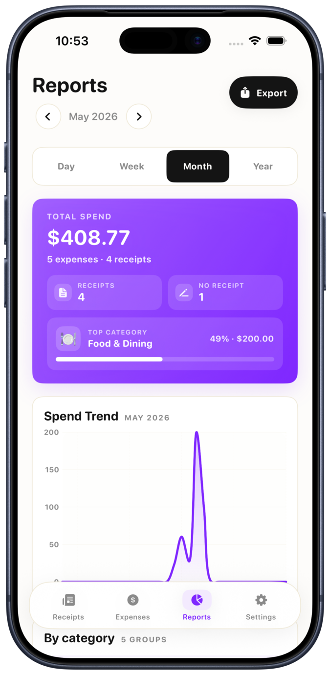 Smart Receipts analytics and reports screen in an iPhone 17 Pro mockup