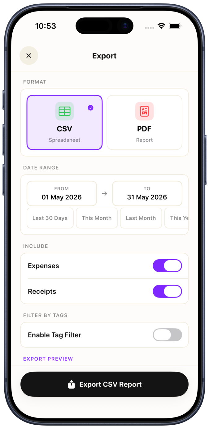 Smart Receipts export options in an iPhone 17 Pro mockup