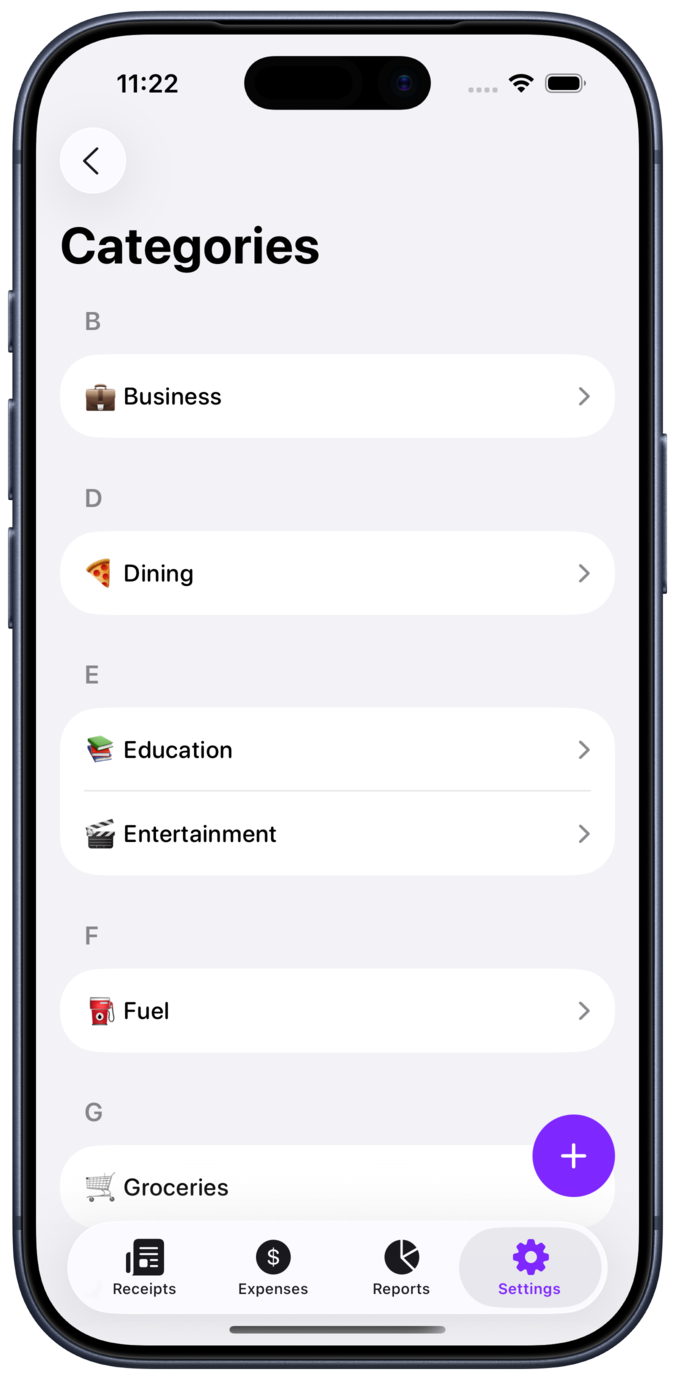 Custom expense categories with icons and colors