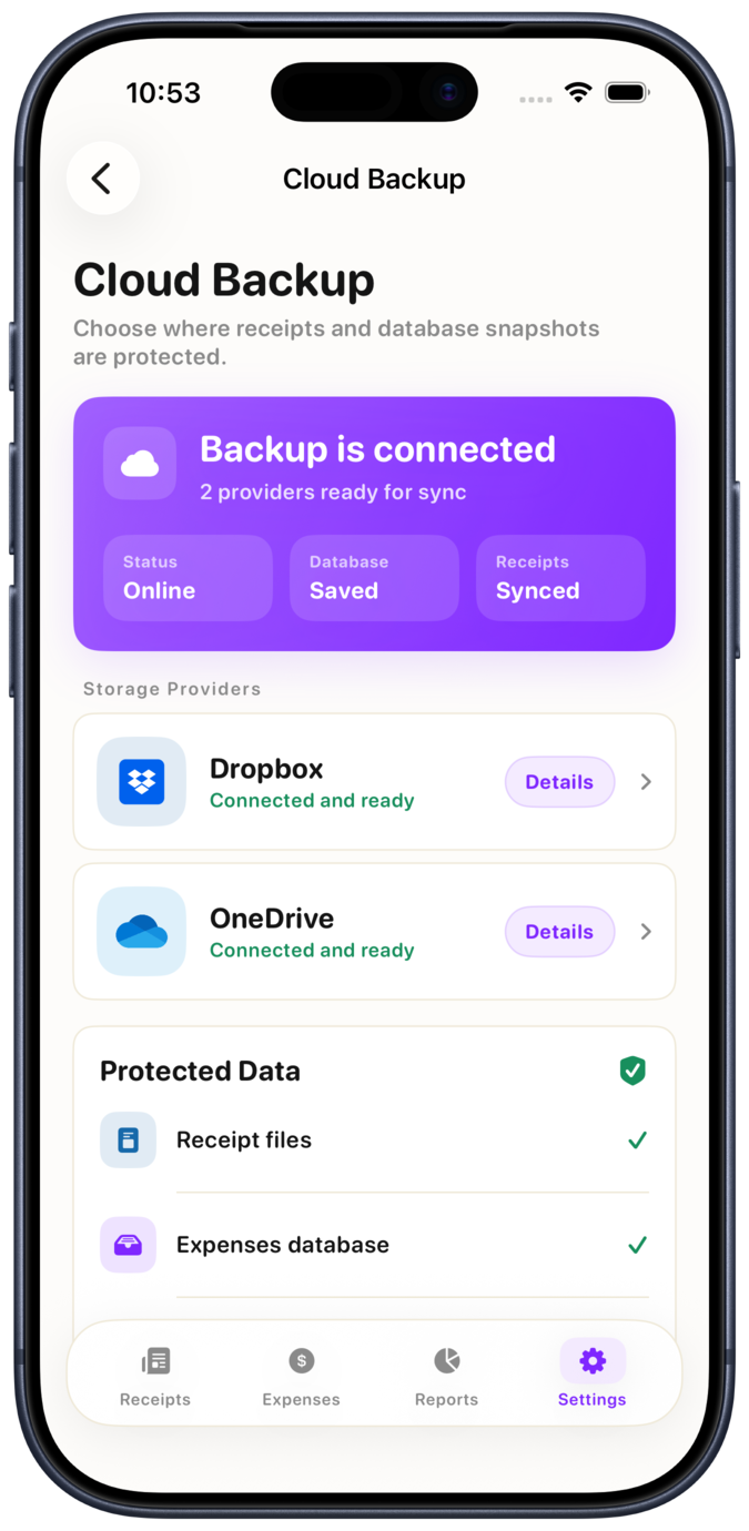 Smart Receipts cloud backup with Dropbox and OneDrive connected in an iPhone 17 Pro mockup