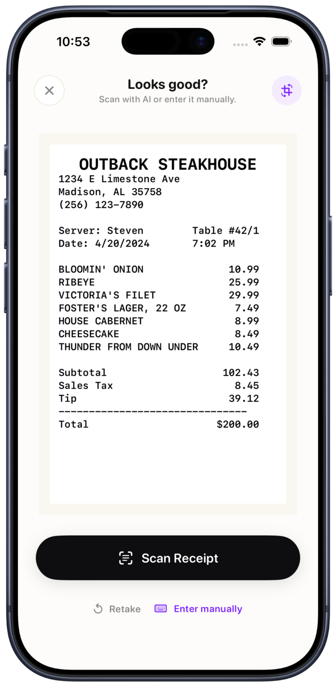 Smart Receipts camera scanning a receipt in an iPhone 17 Pro mockup