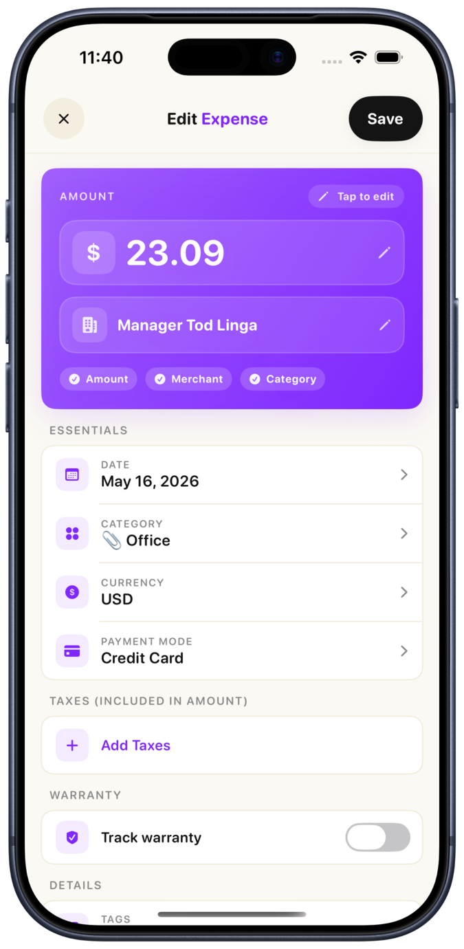 Smart Receipts edit expense screen for a manual office expense in an iPhone 17 Pro mockup