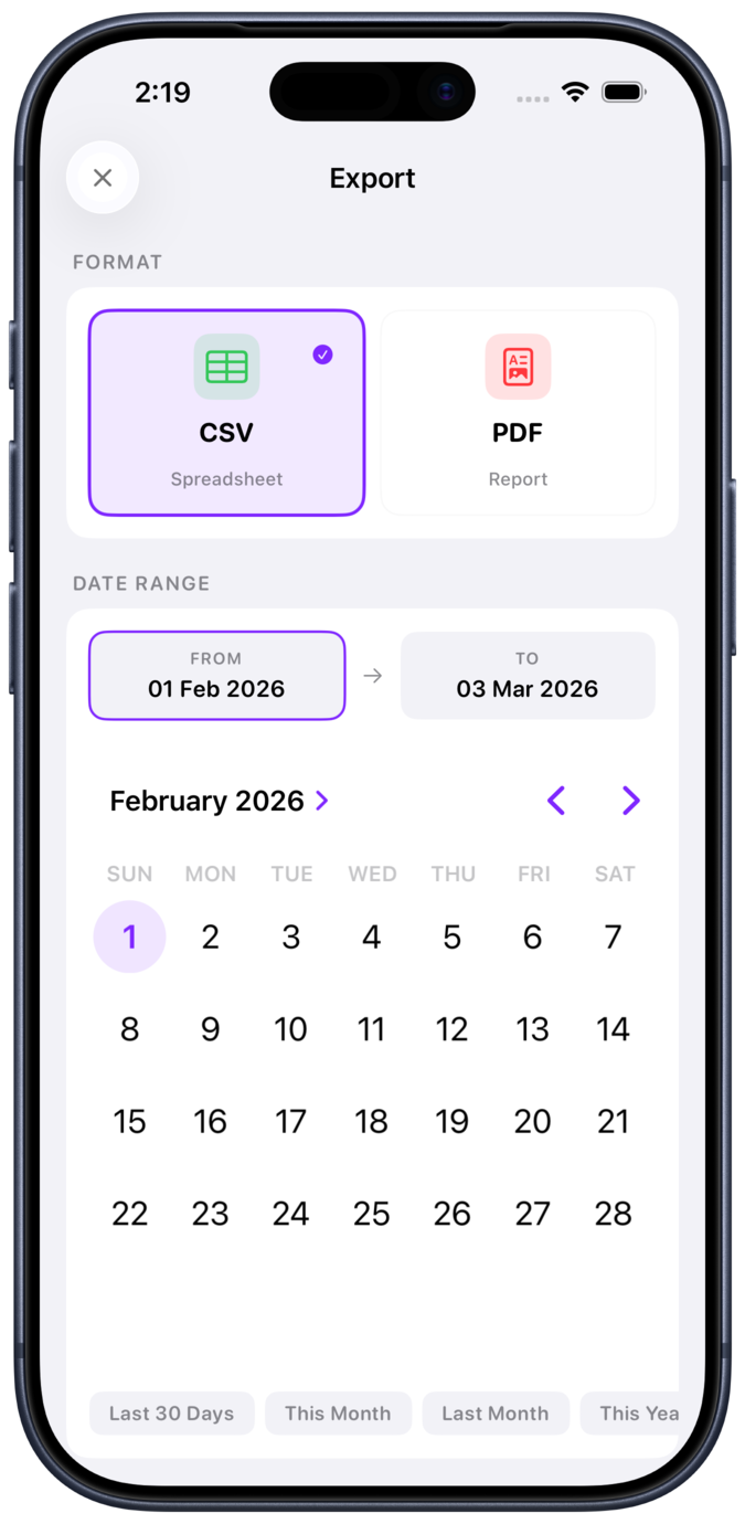 Export date range picker with calendar and quick presets