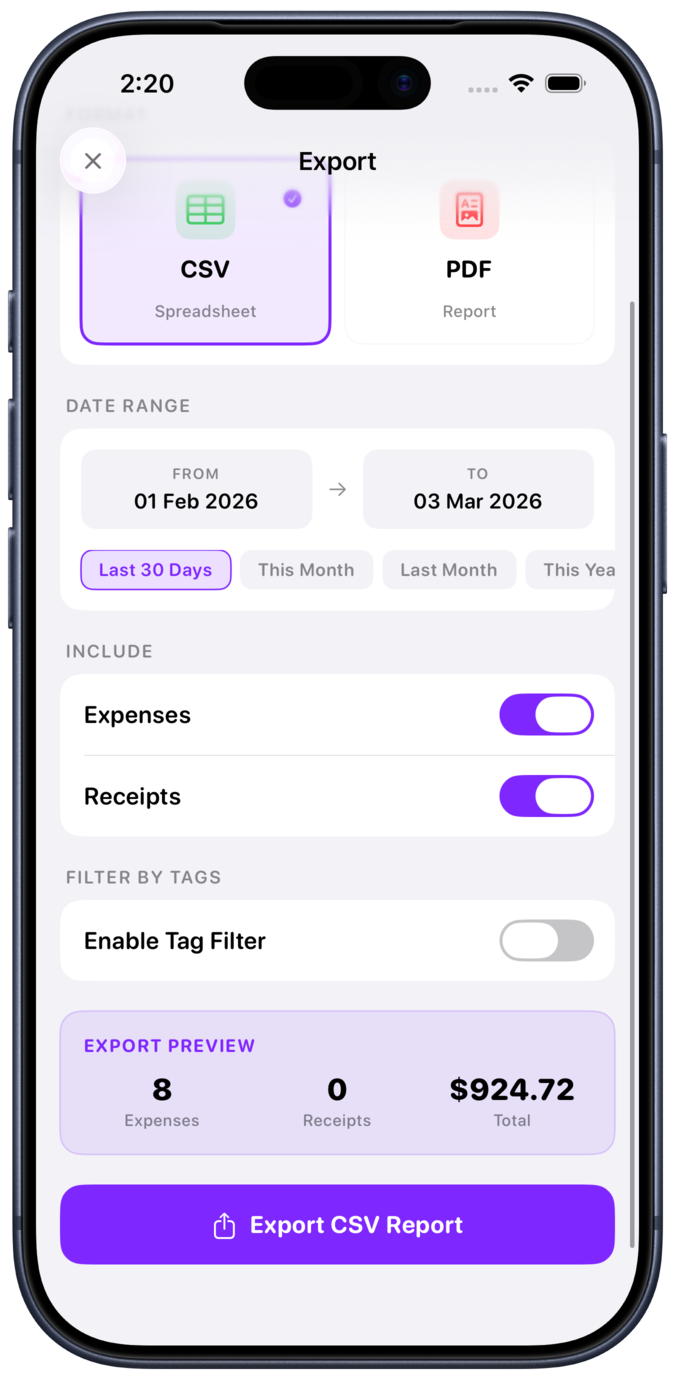 Export filter options with tag filtering and export preview