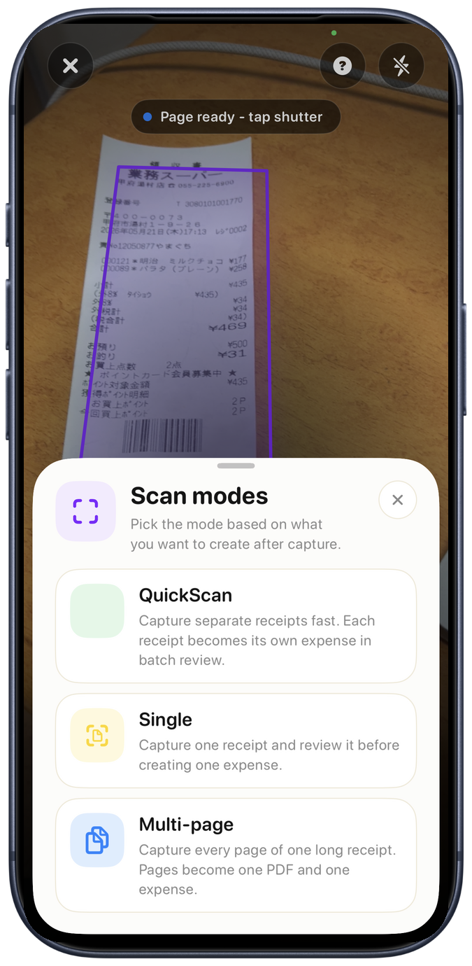 Smart Receipts scan modes sheet showing QuickScan, Single, and Multi-page capture options