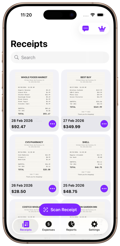 Scanned receipts with auto-extracted merchant, date, and total