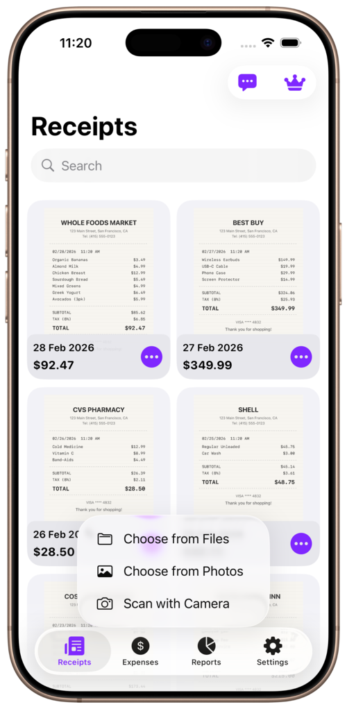 Three ways to scan a receipt — Camera, Photos, or Files