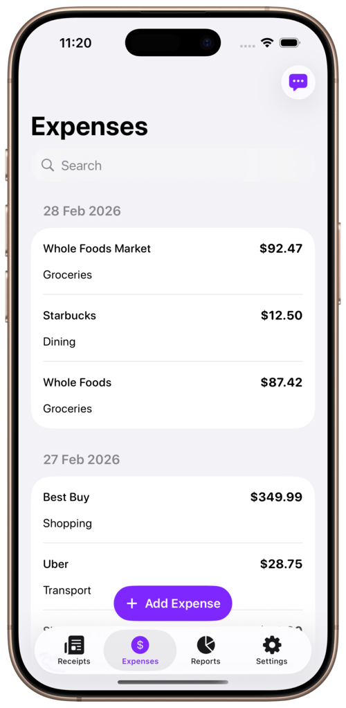 Expenses list with search and filter