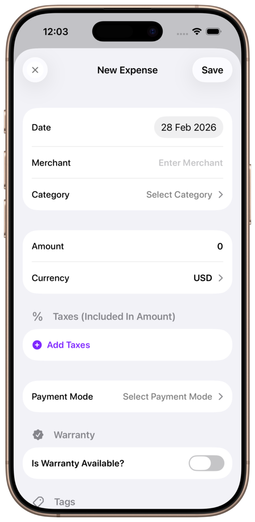 Add expense form with tags, payment mode, and notes
