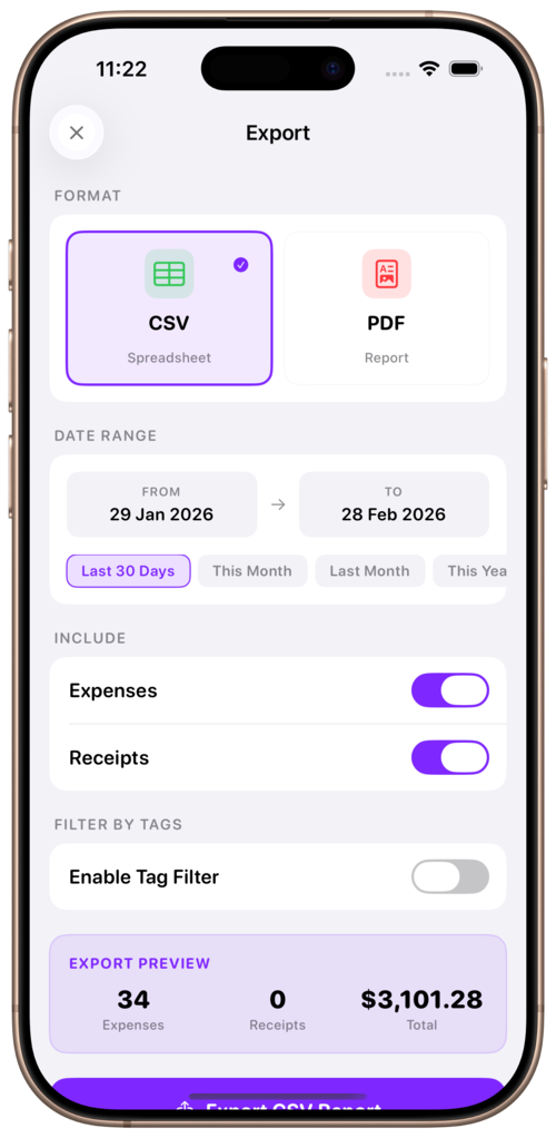 Export screen with PDF and CSV format options