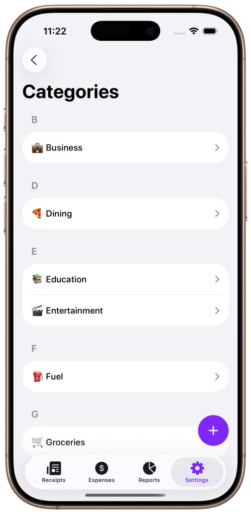 Custom expense categories with icons and colors