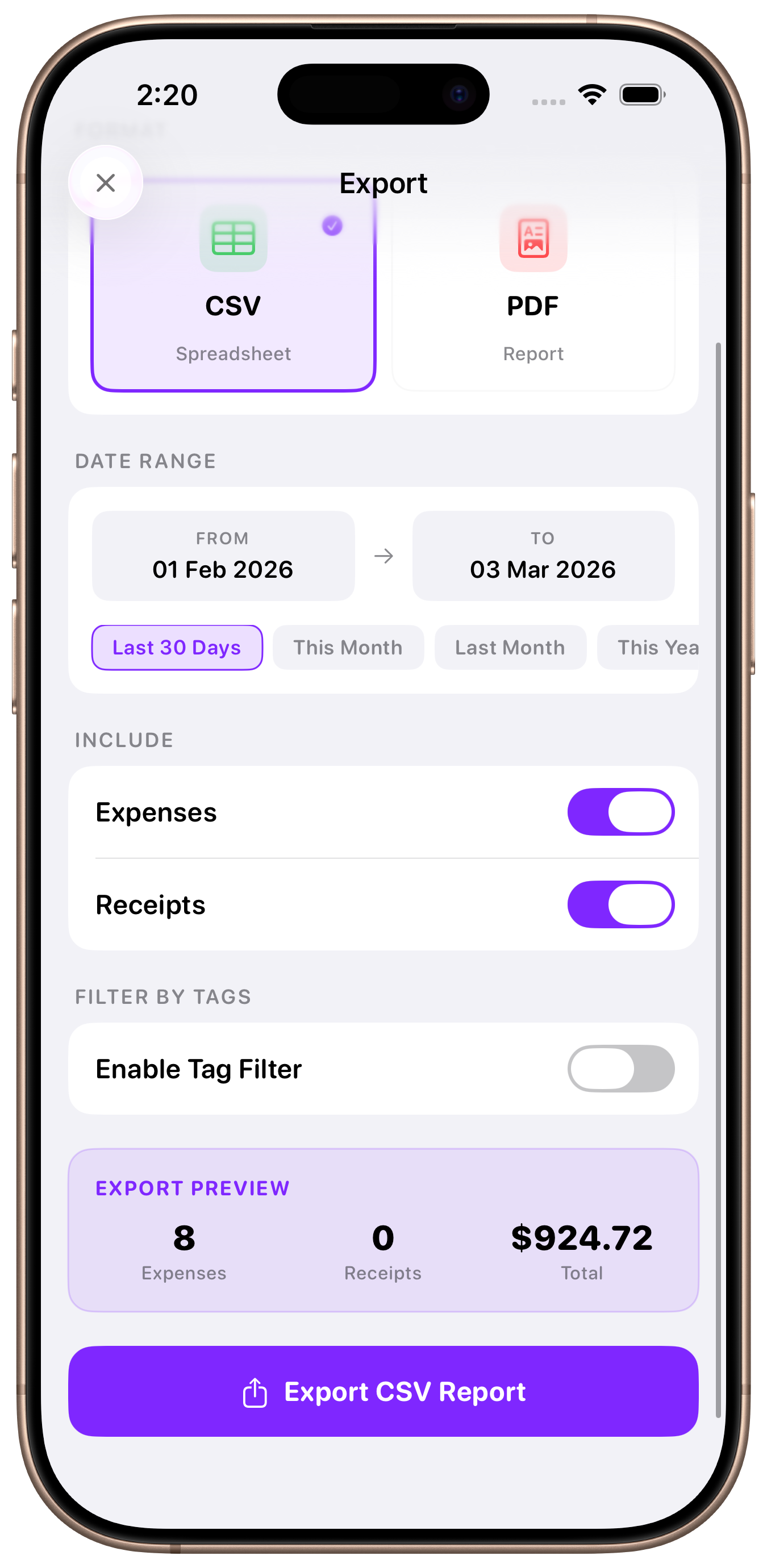 Export filter options with tag filtering and export preview