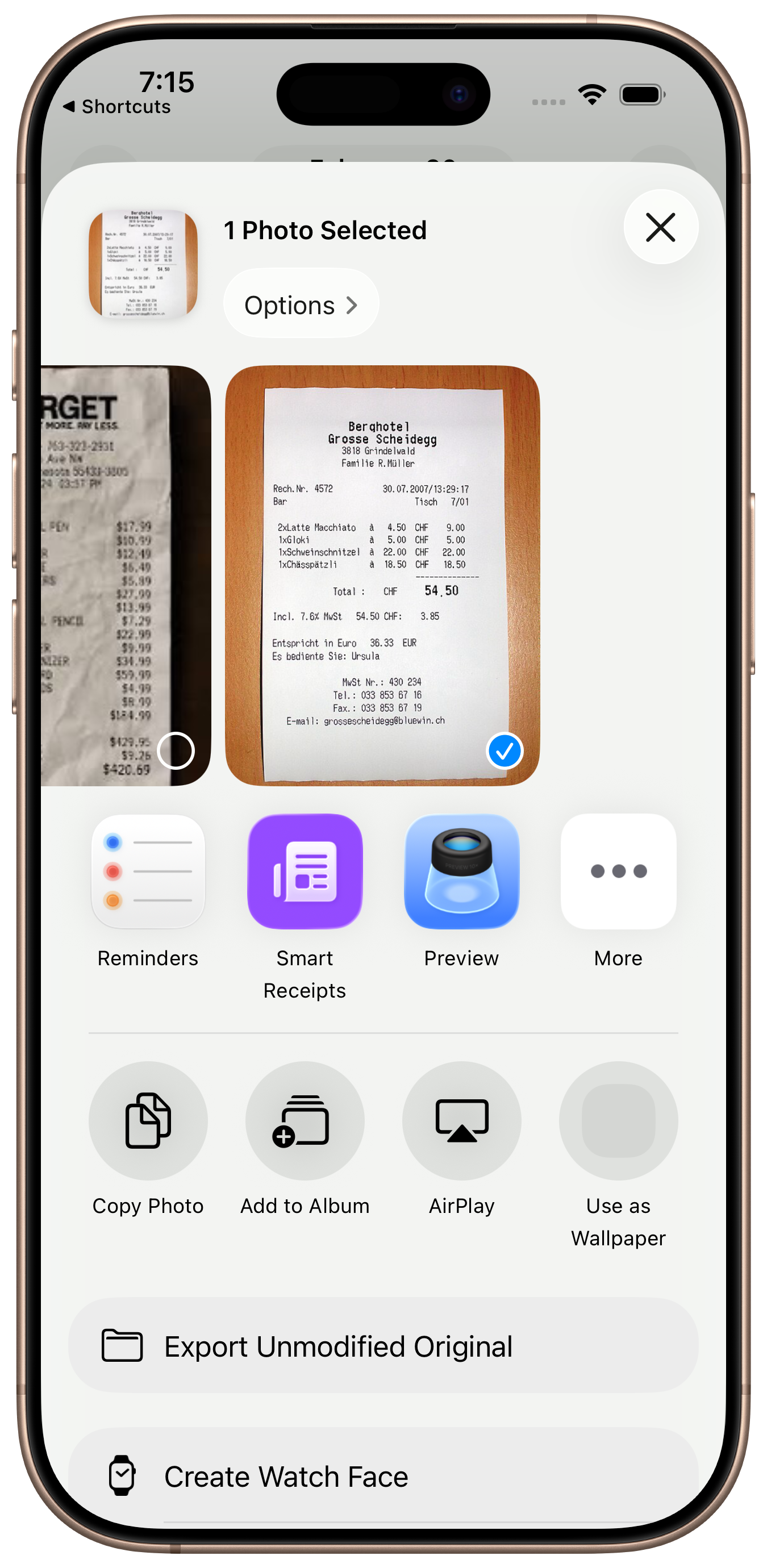 iOS share sheet showing Smart Receipts as a share target