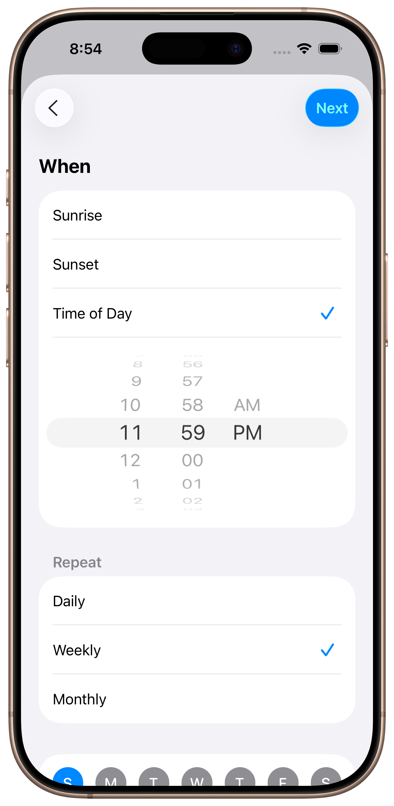 Weekly automation schedule with time and repeat settings