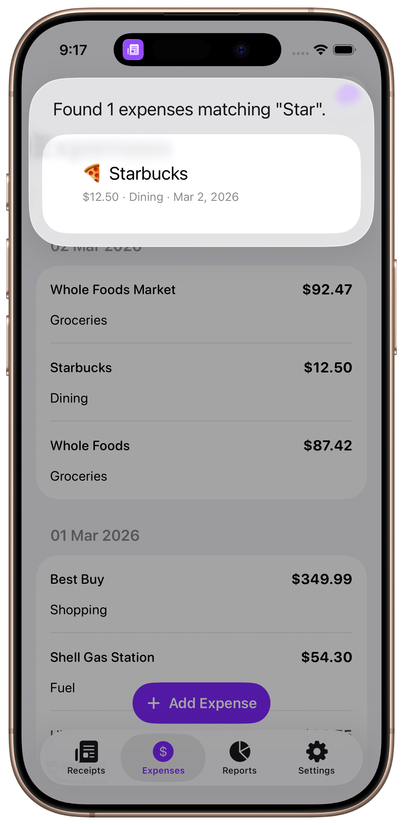 Search result showing matching Starbucks expense