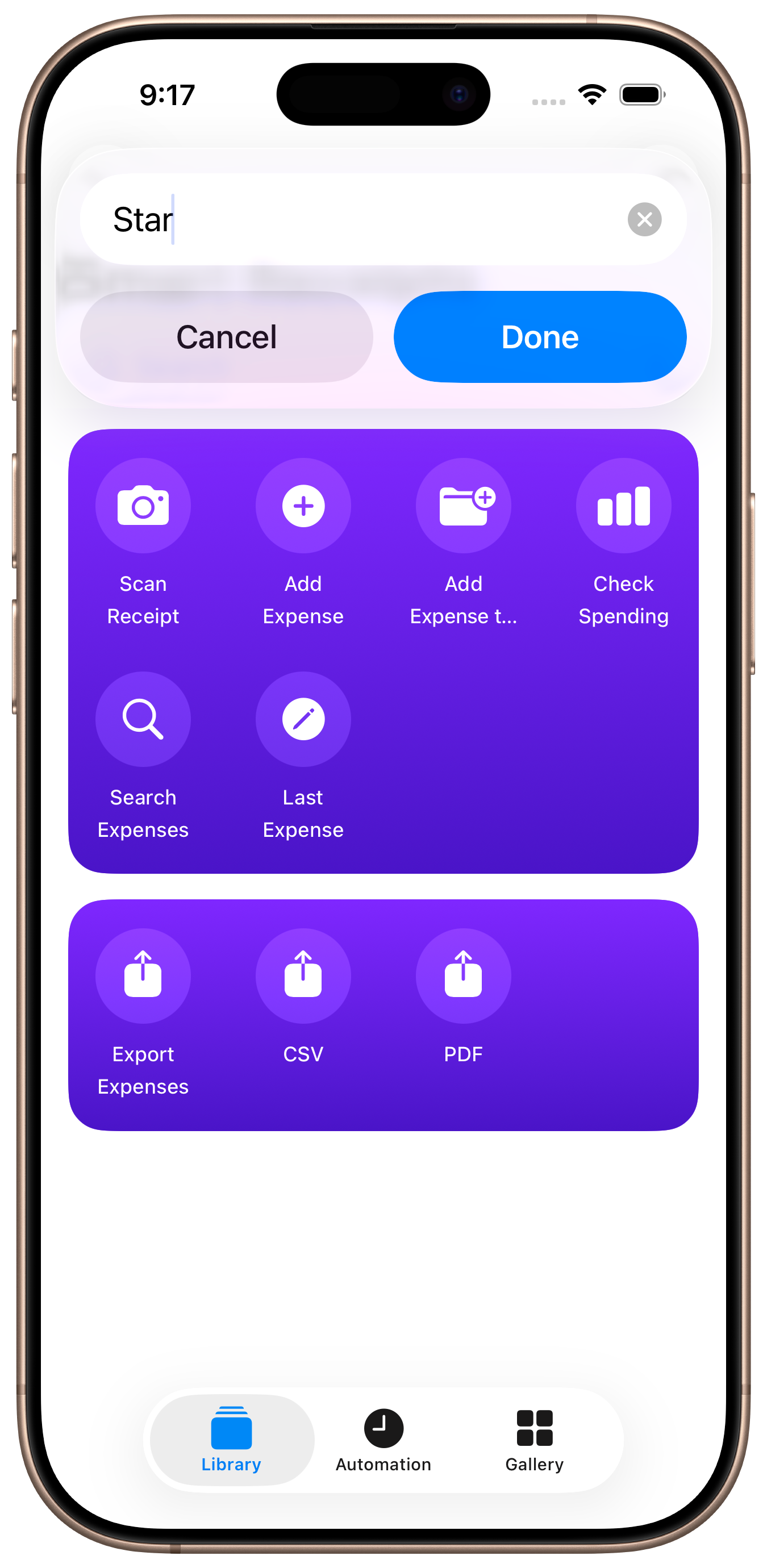 Search Expenses shortcut asking for query